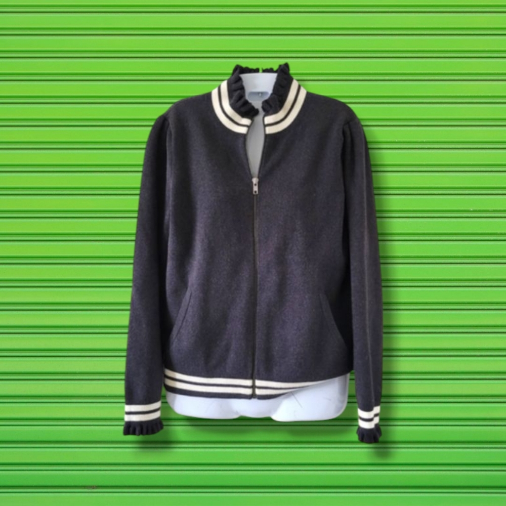 Treasure & Bond | Cute Dark Charcoal Gray Ruffle Trim Track Jacket